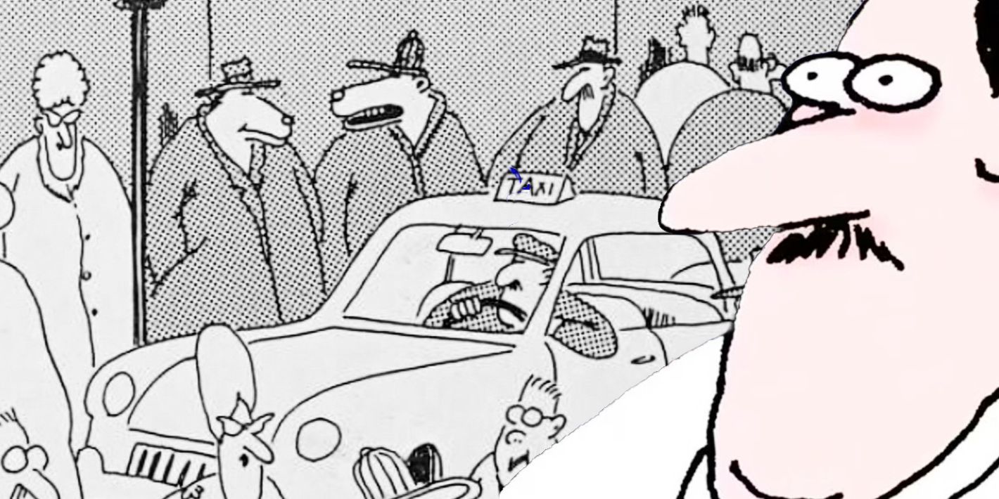 Far Side, concerned-looking man (right, color) in front of a busy city street (background.)