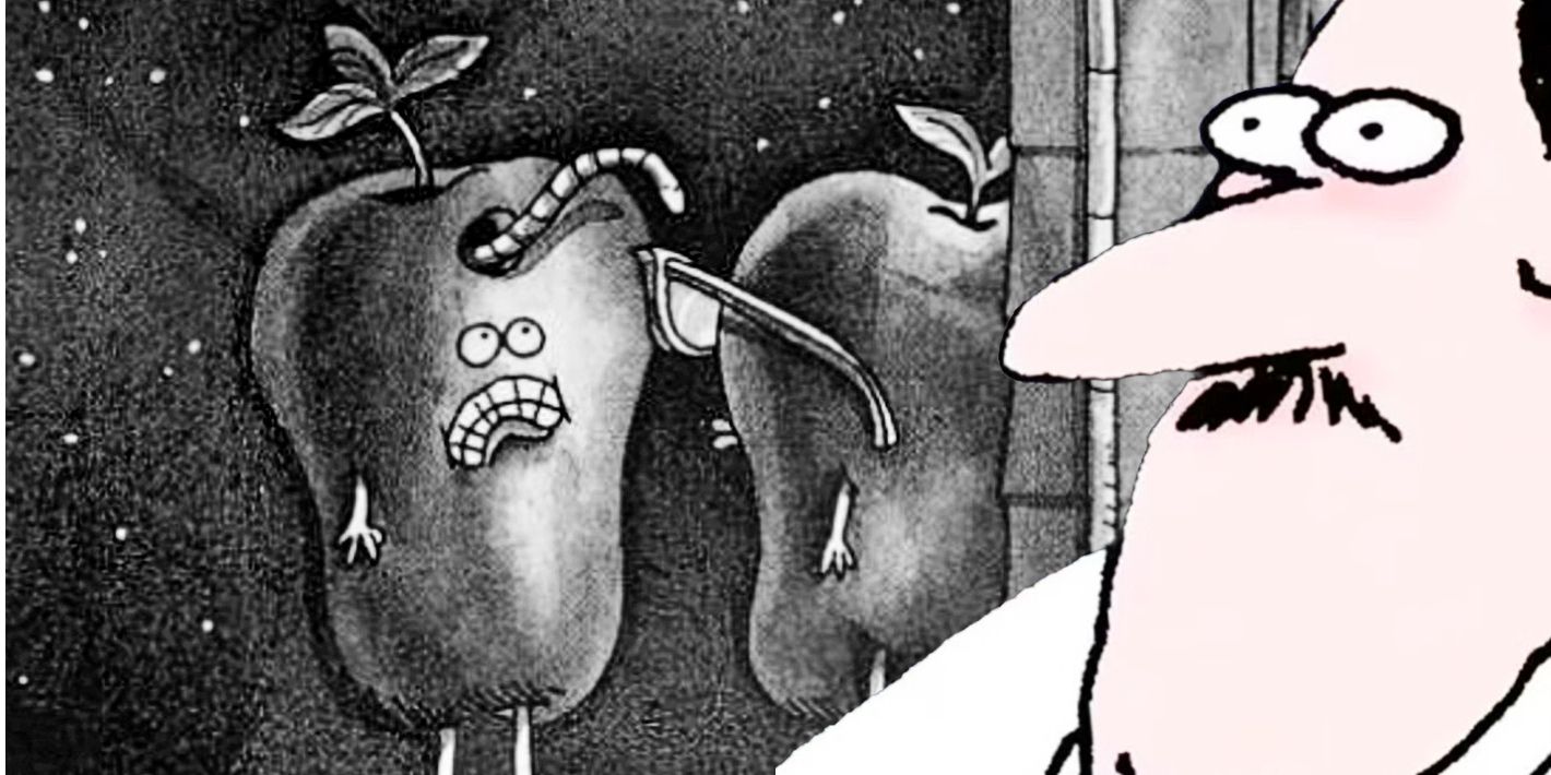 The Far Side, wide-eyed man (right, color) and an apple with a worm in its head (black and white, left)