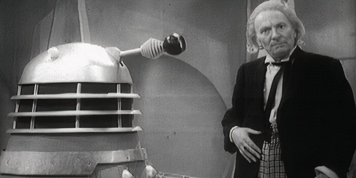 The First Doctor meeting a Dalek in the Doctor Who serial "The Daleks."