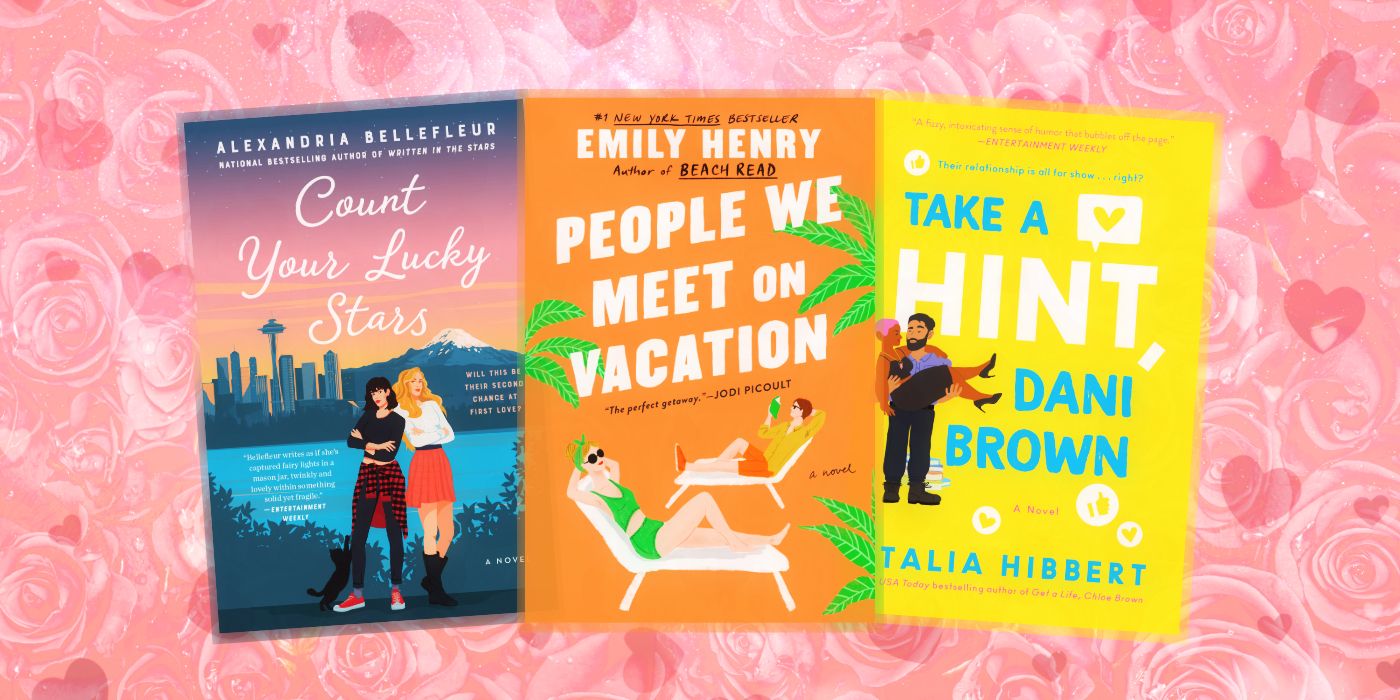 Book covers of Count Your Lucky Stars by Alexandria Bellefleur, People We Meet on Vacation by Emily Henry, & Take a Hint, Dani Brown by Talia Hibbert against a pink-red textured background.