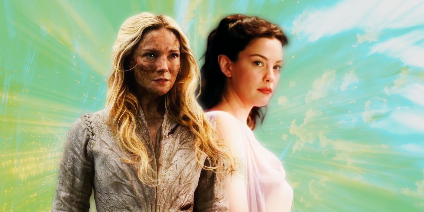 Cutouts of Galadriel (Morfydd Clark) in The Lord of the Rings: The Rings of Power & Arwen (Liv Tyler) in The Lord of the Rings: The Fellowship of the Ring against a green and blue textured background.