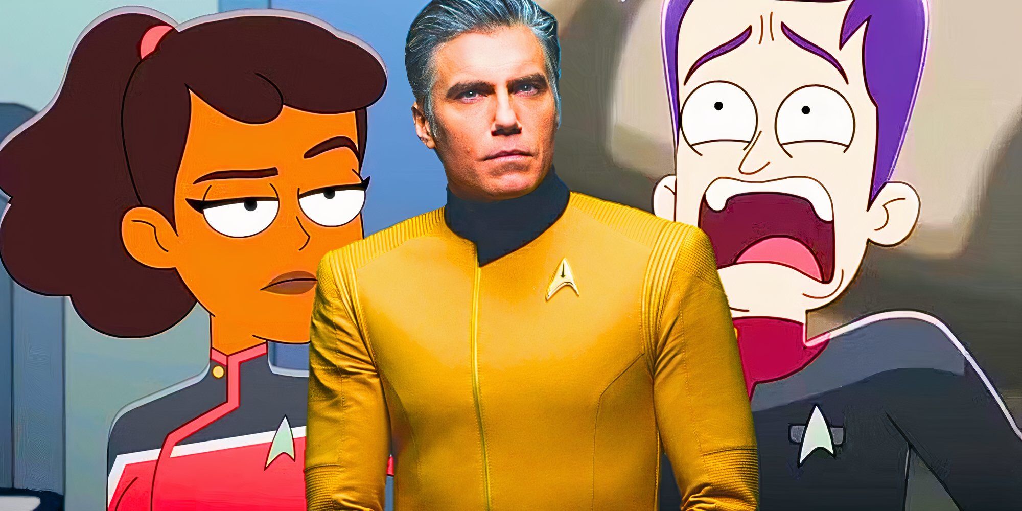 Custom image of Mariner and Boimler in Star Trek: Lower Decks and Anson Mount as Captain Pike in Star Trek: Strange New Worlds