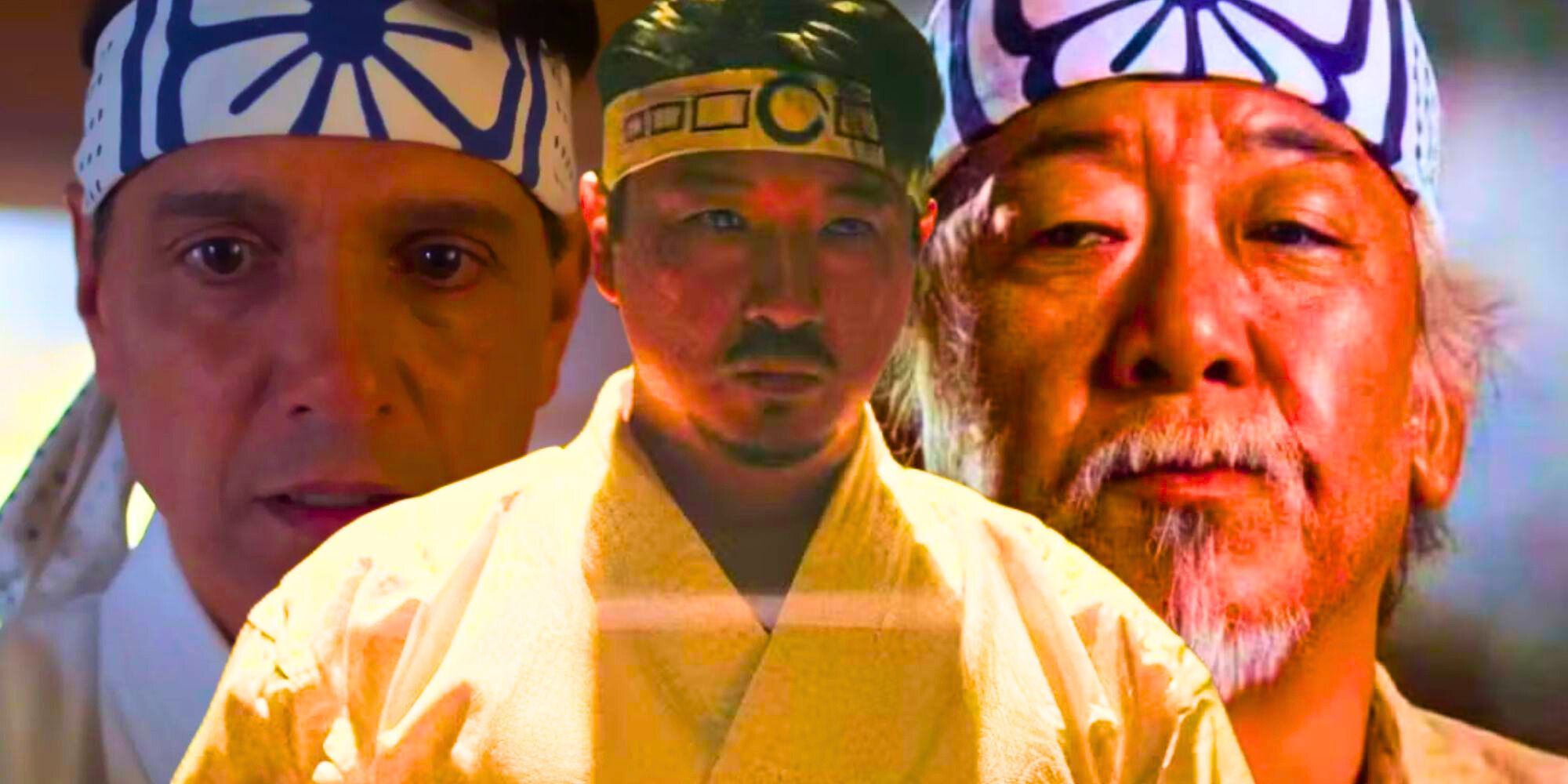 Custom image of Ralph Macchio as Daniel LaRusso in Cobra Kai, Brian Takahashi as Mr. Miyagi in Cobra Kai, and Pat Morita as Mr. Miyagi in The Karate Kid