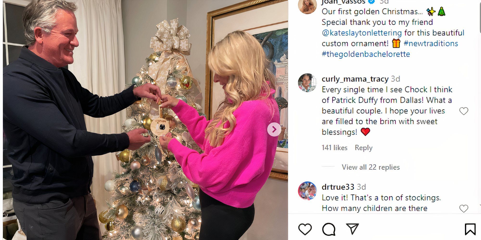 The Golden Bachelorette Joan Vassos and Chock Chapple decorate a white Christmas tree together