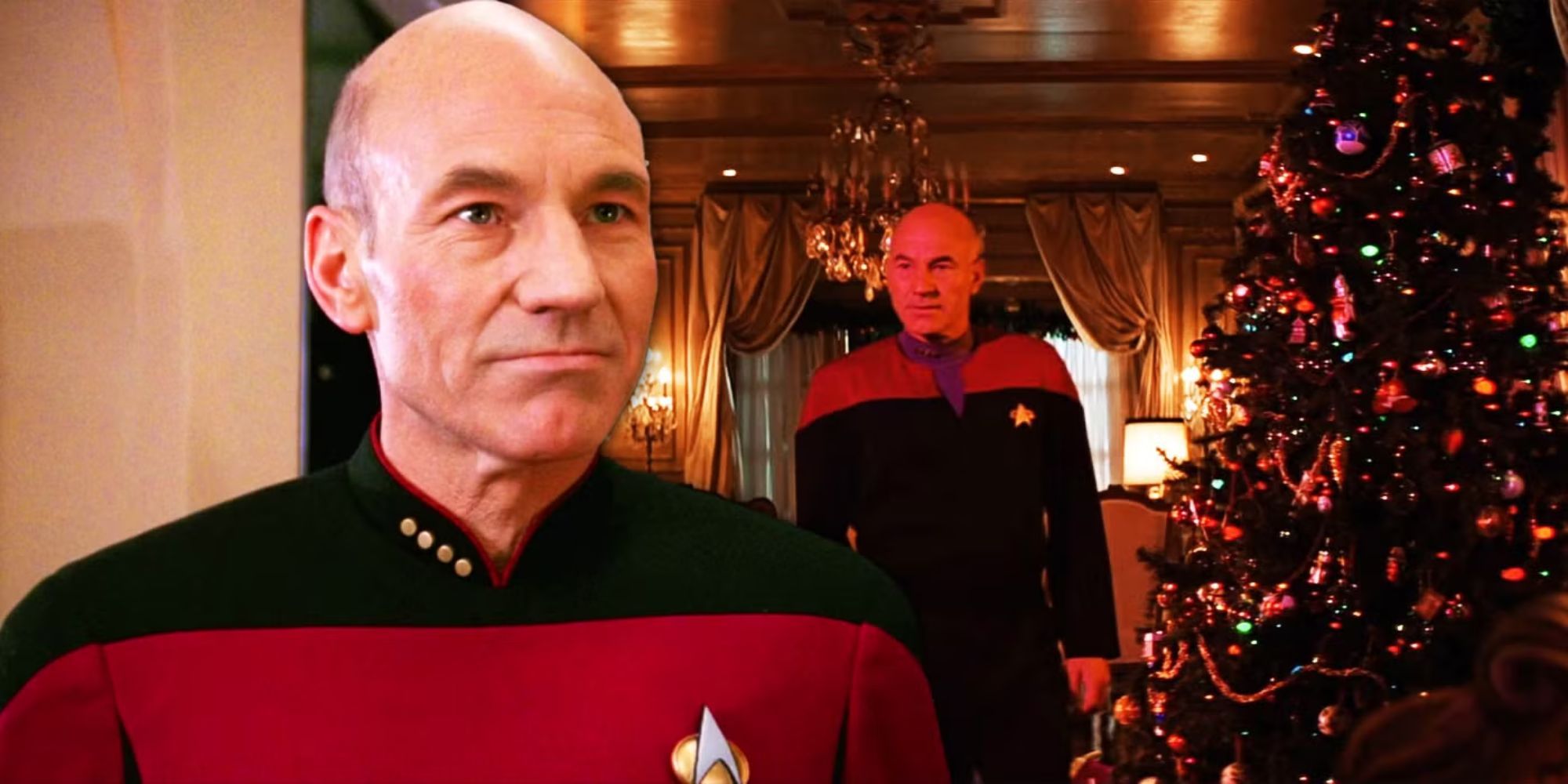 Imagen personalizada de Patrick Stewart de pie junto a un árbol de Navidad en Star Trek.