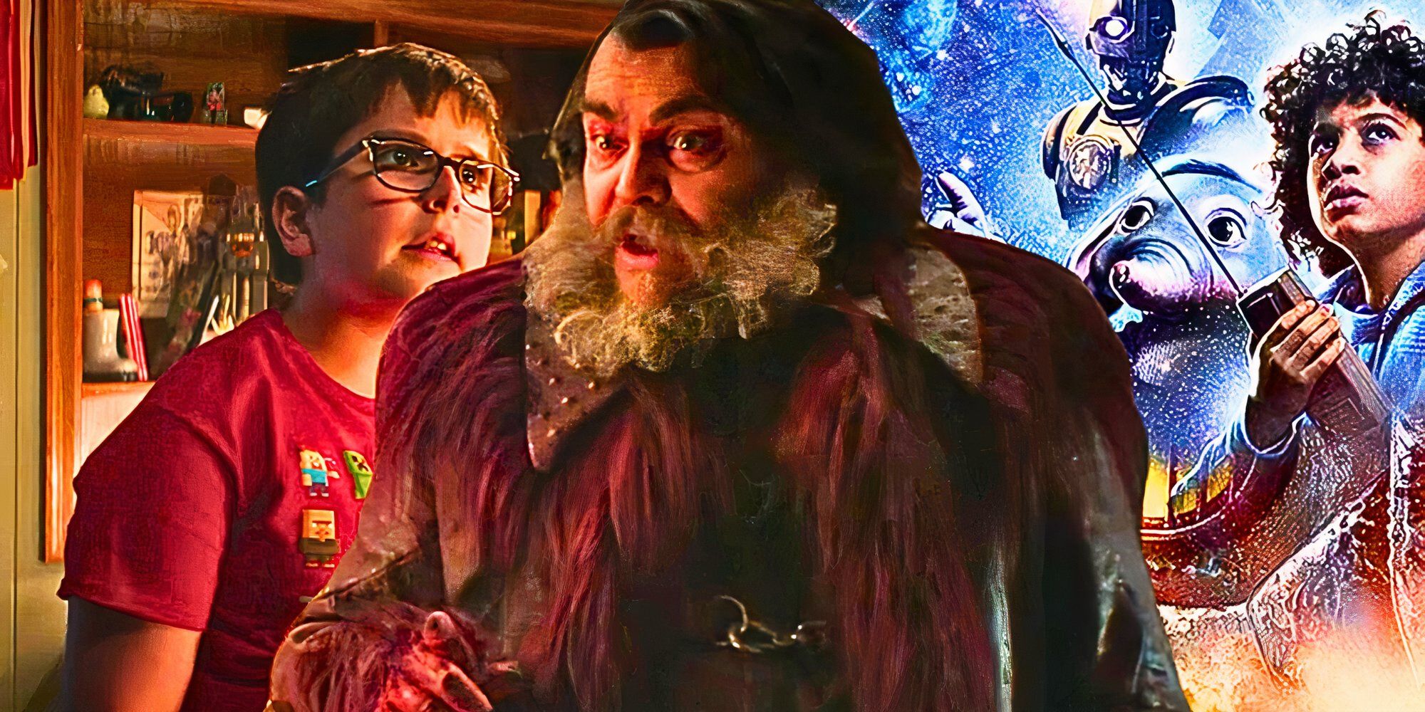 Custom image of Robert Timothy Smith as Liam and Jack Black as Asmodeus in Dear Santa with the Star Wars: Skeleton Crew poster in the background