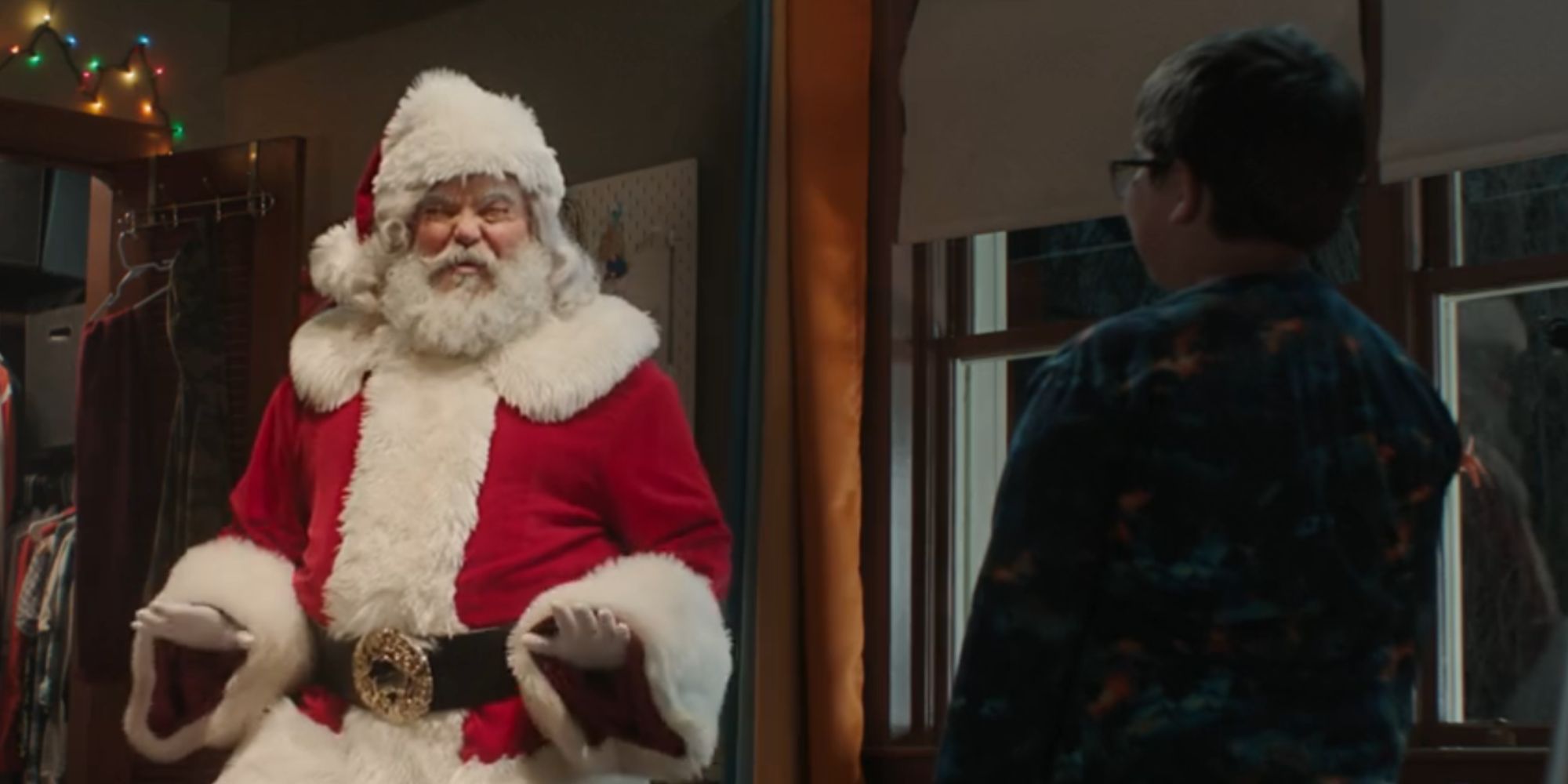 Jack Black as Santa in Dear Santa talking to Robert Timothy Smith as Liam Turner