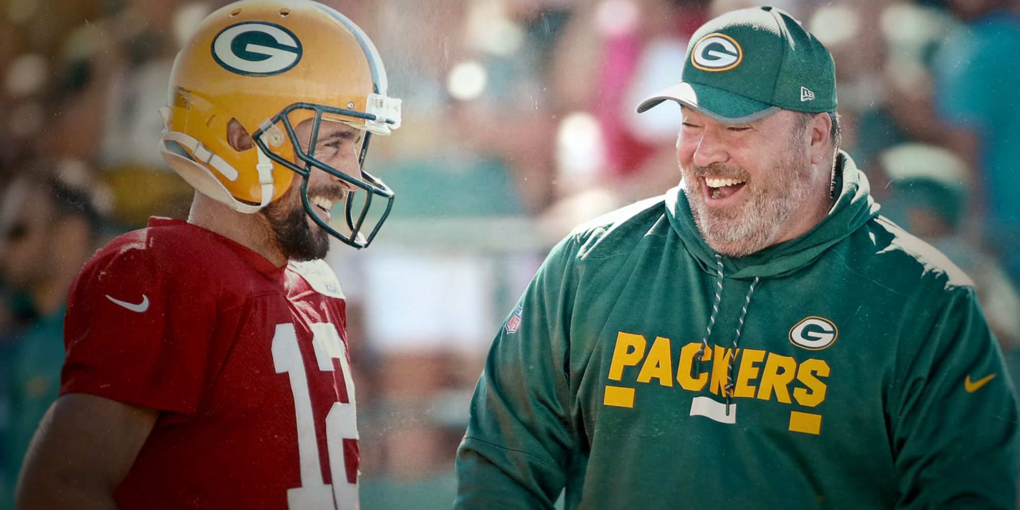 Aaron Rodgers laughing with Mike McCarthy in Aaron Rodgers: Enigma