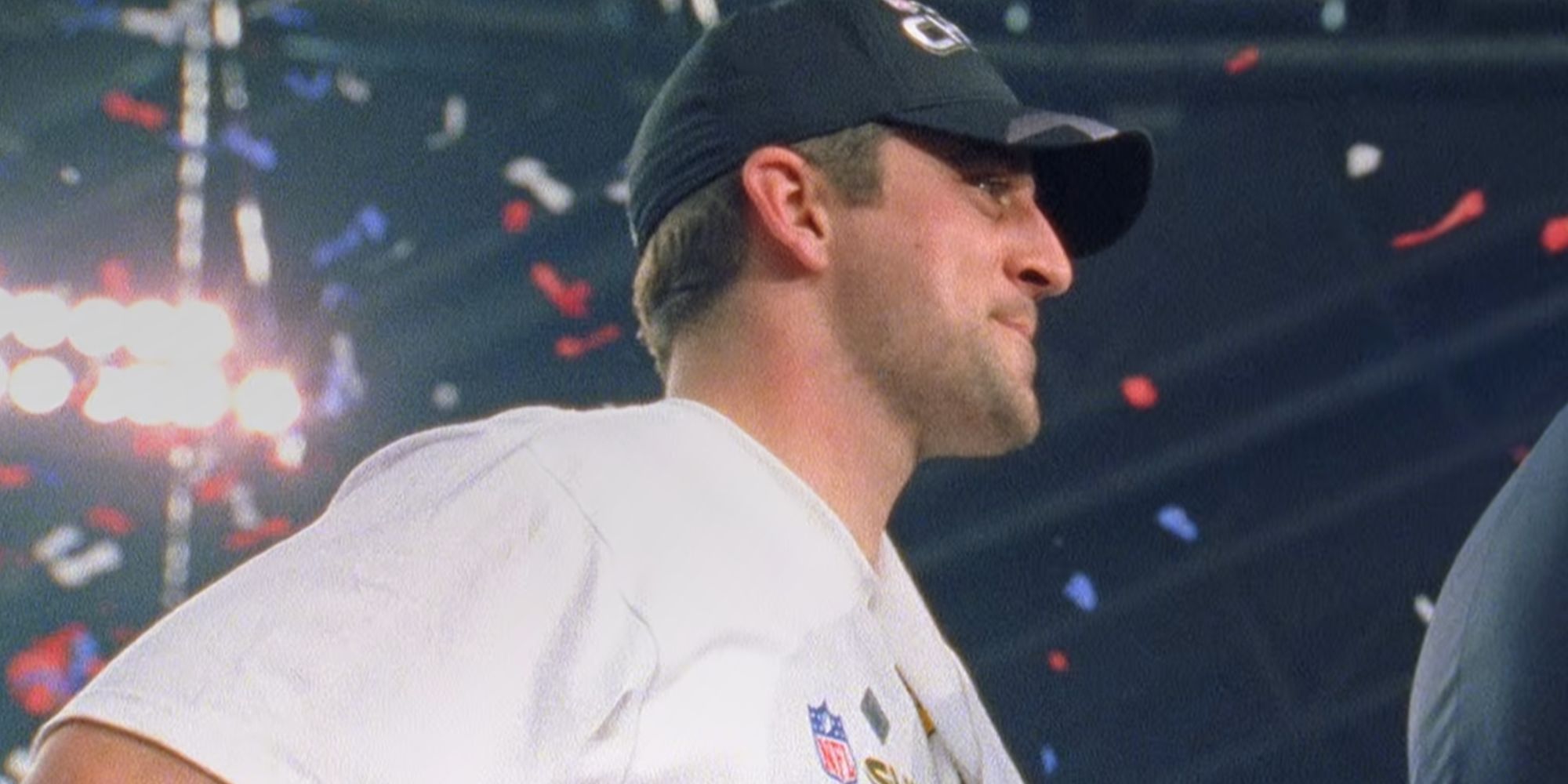 Aaron Rodgers smiling after winning Super Bowl XLV in Aaron Rodgers: Enigma