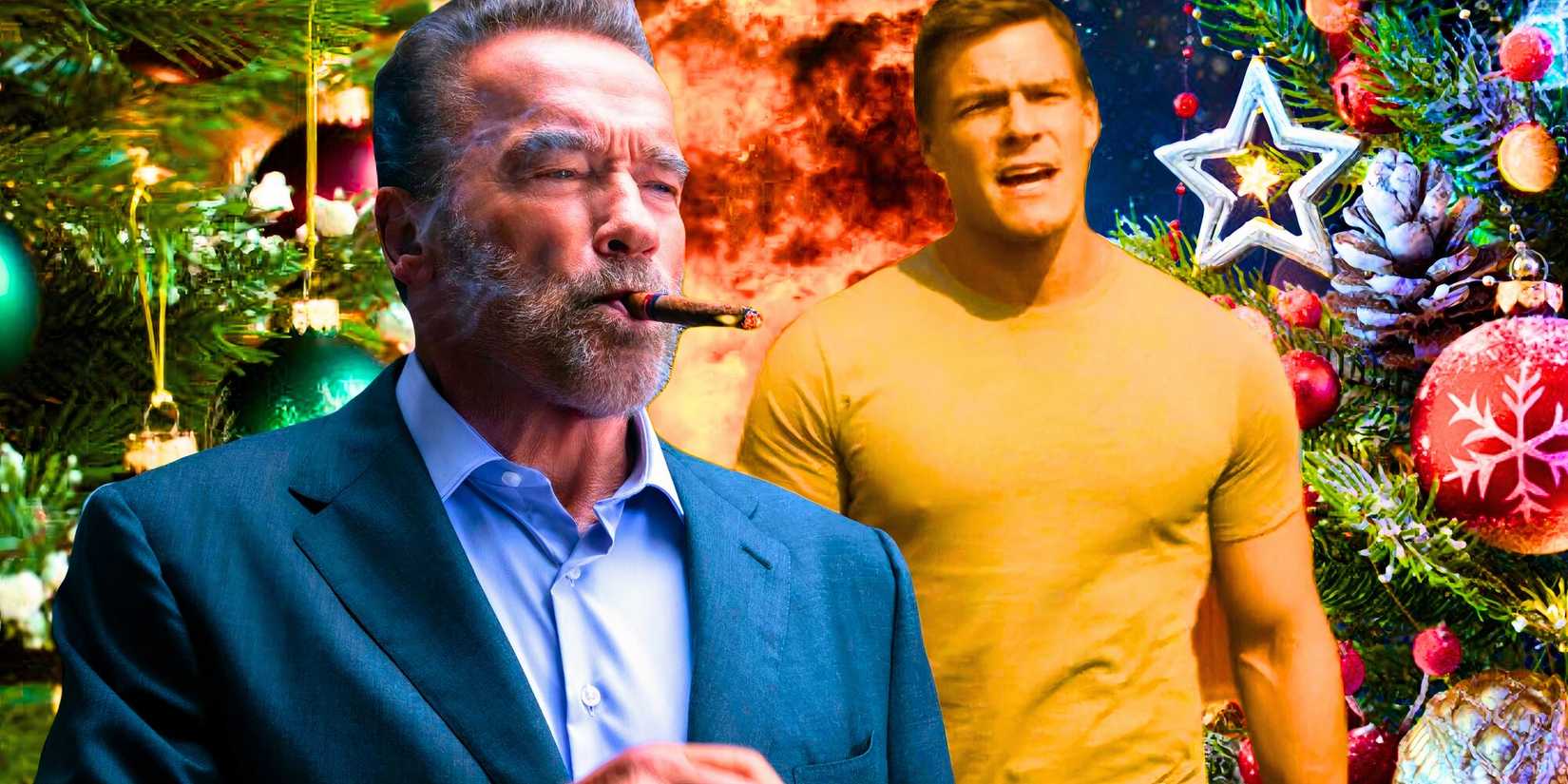 Custom image of Arnold Schwarzenegger smoking a cigar as Luke in FUBAR and Alan Ritchson as Jack Reacher in Reacher against a backdrop of explosions and festive imagery
