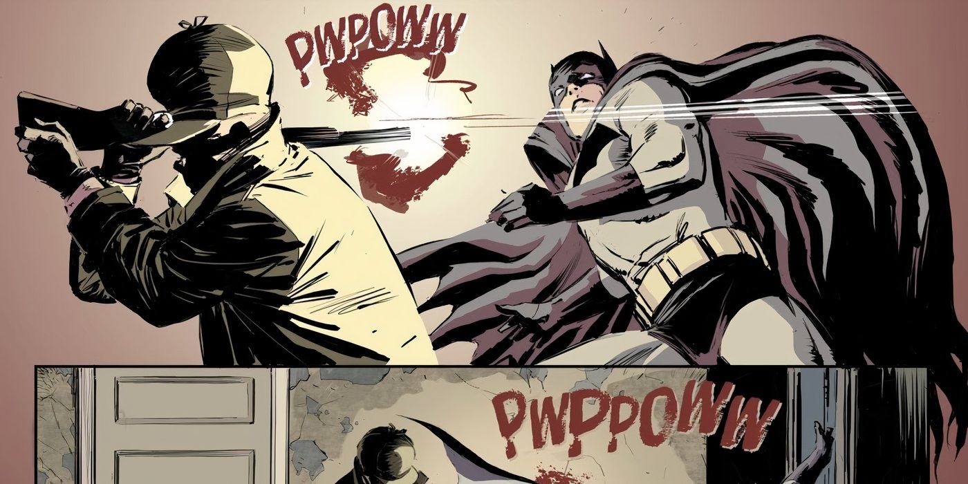 Painel de quadrinhos: Elmer Fudd atira no Batman com sua espingarda