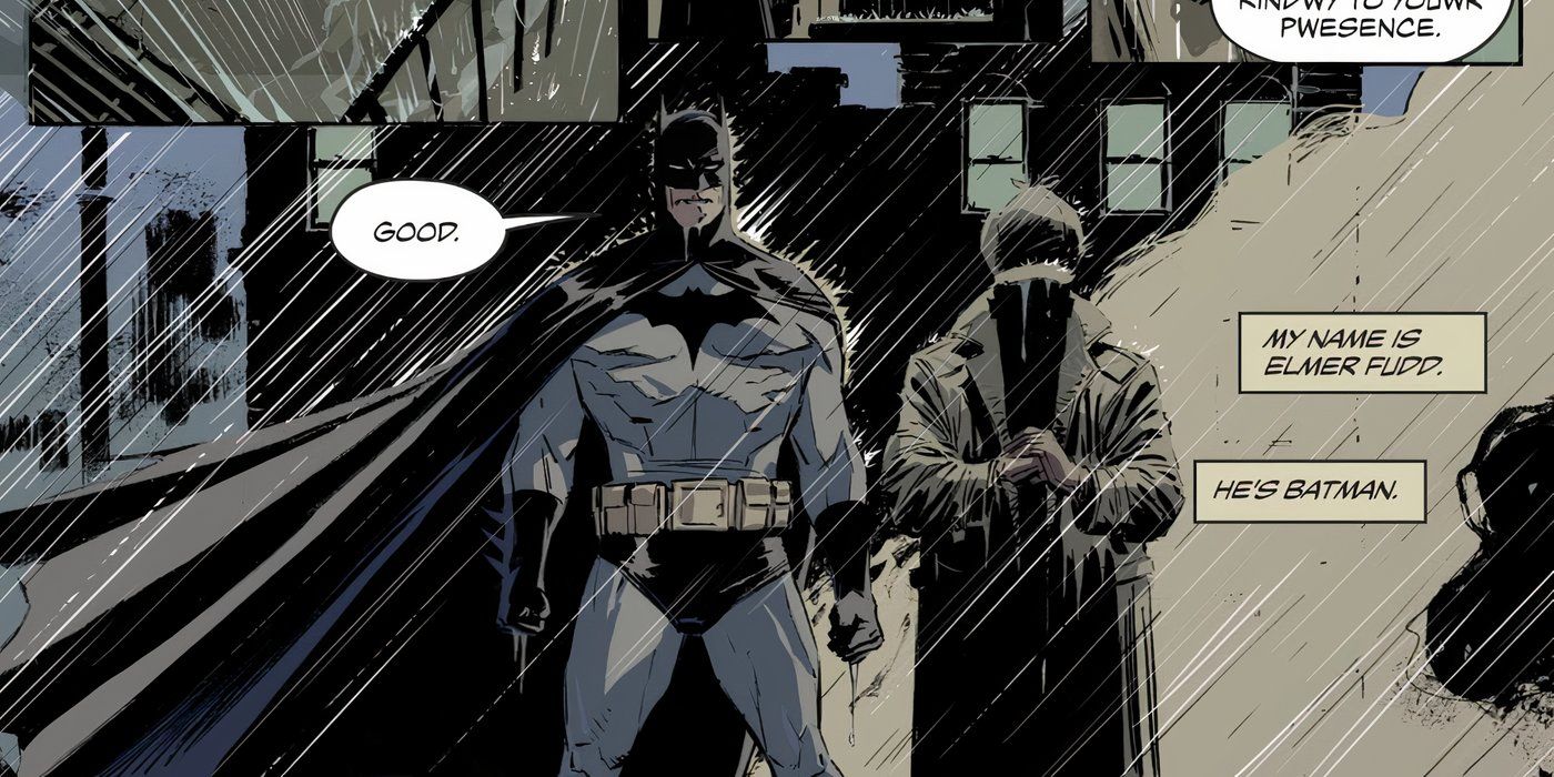 Painel de quadrinhos: Batman e Elmer Fudd ficam na chuva