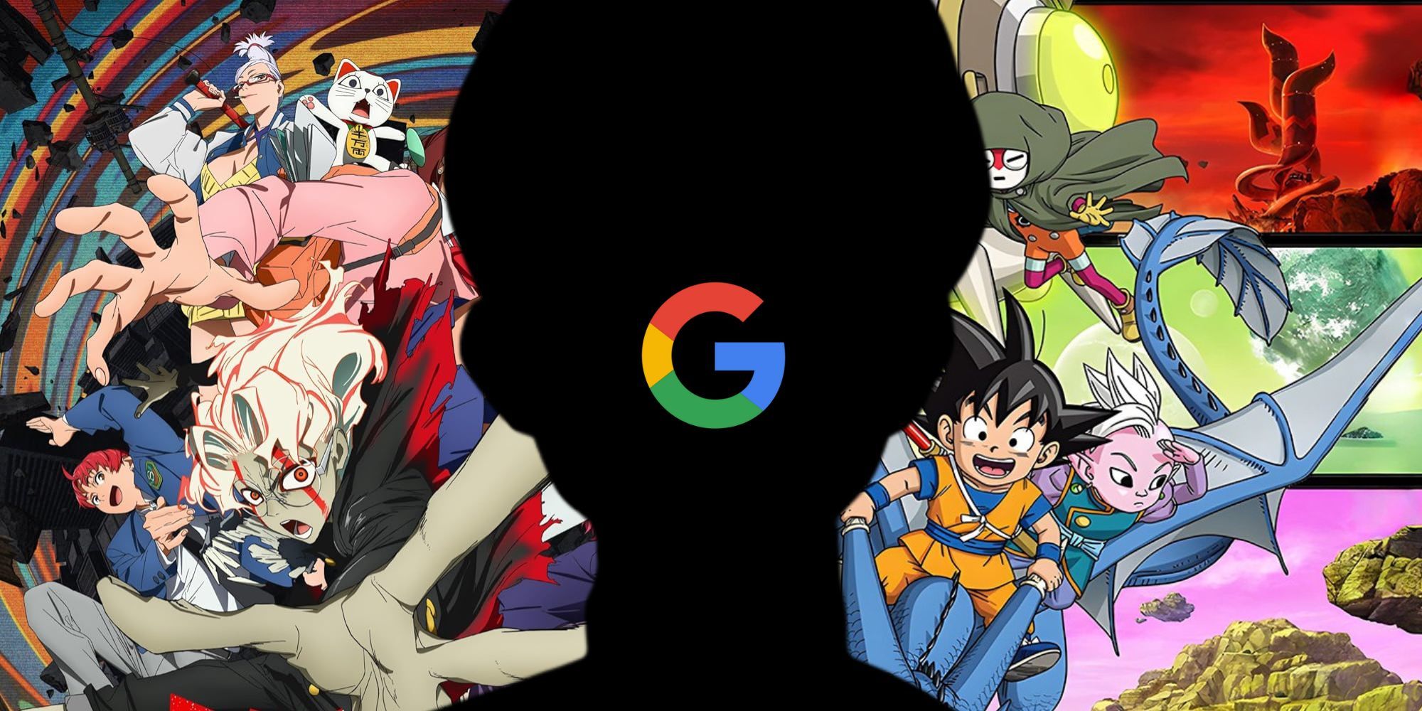 Google logo in the foreground with Mashle's face's silhouette, and Dandadan and Dragon Ball Daima anime posters