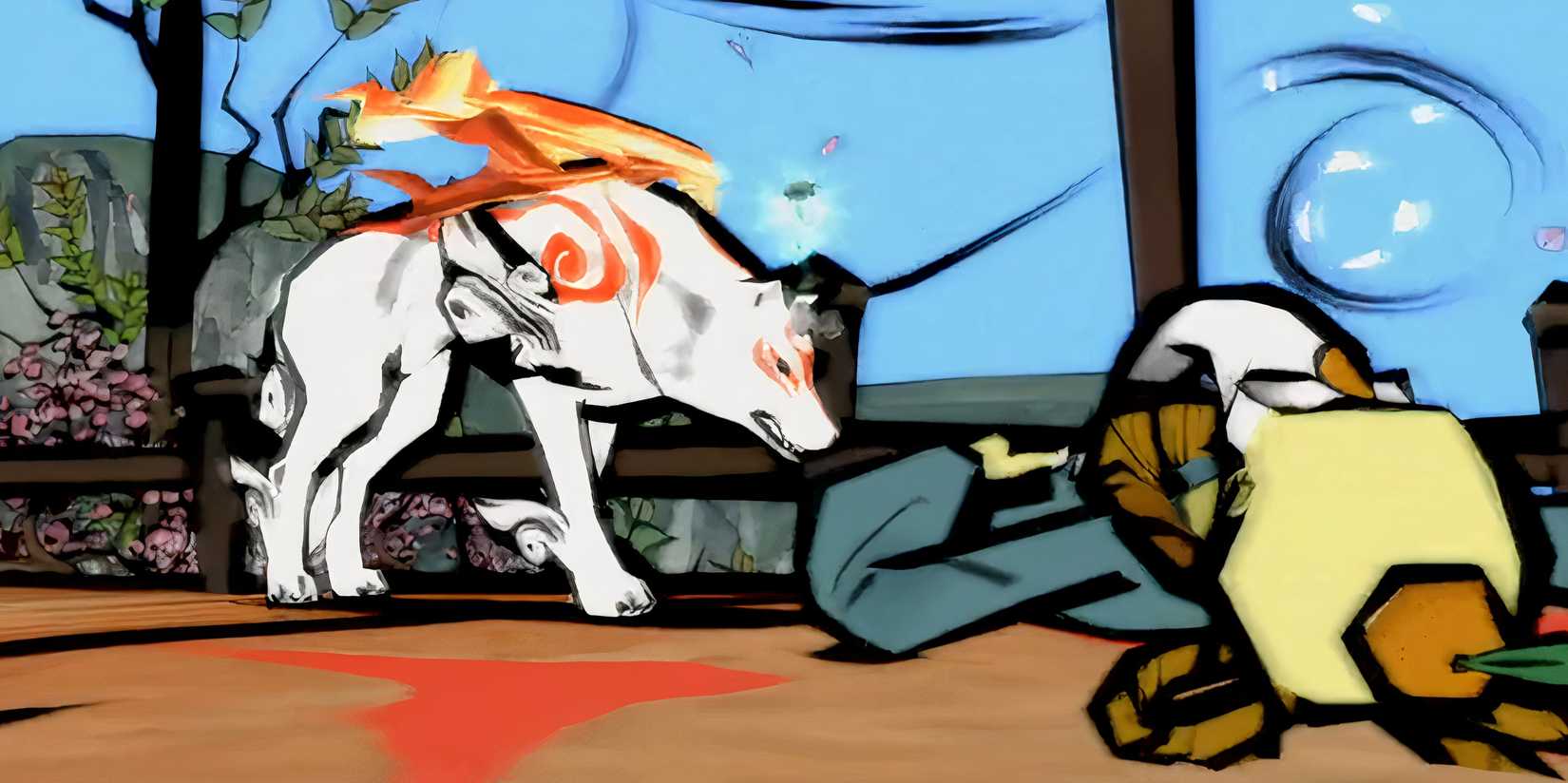 Amaterasu standing over a fallen old man in Okami