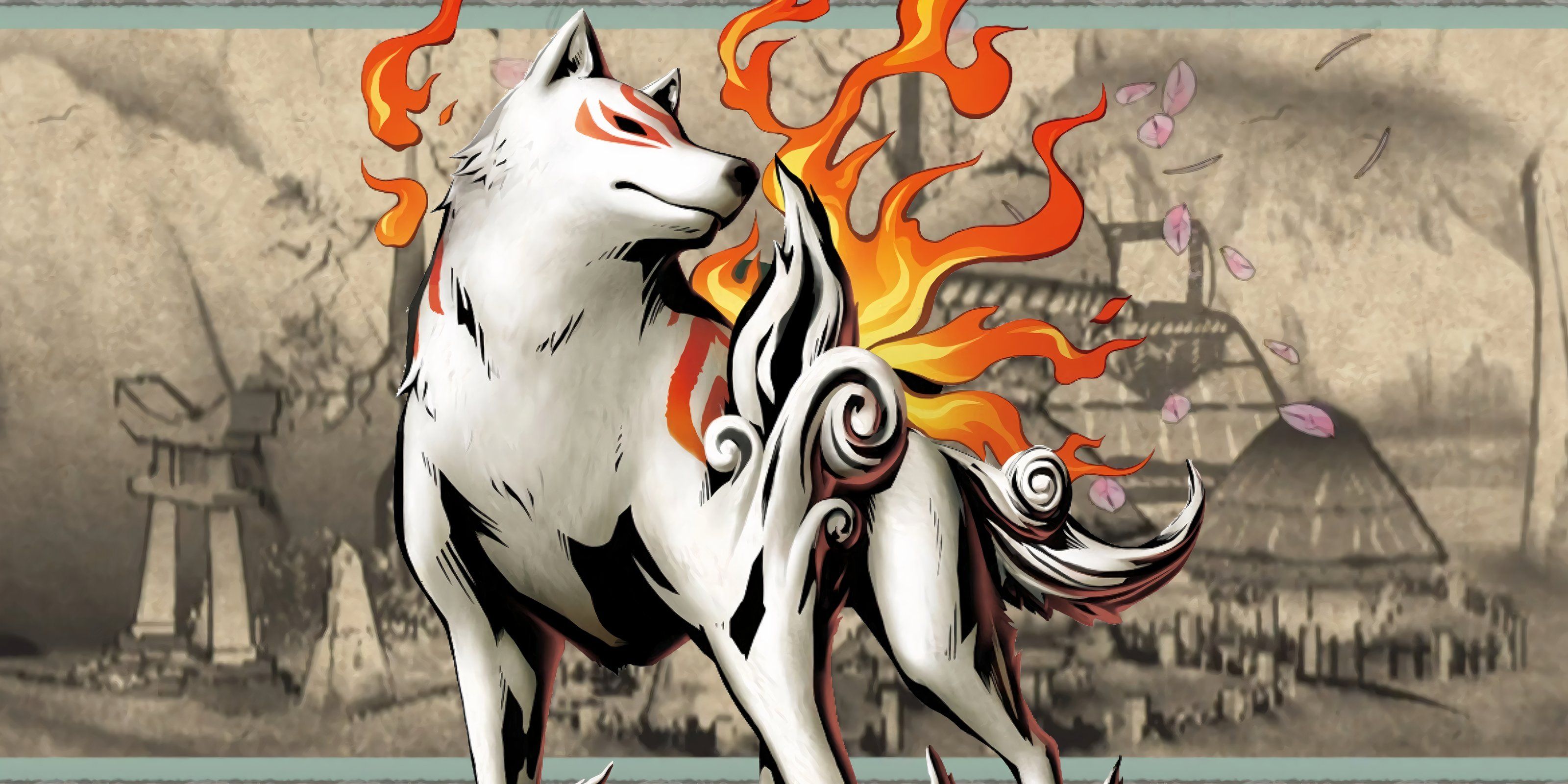 Amaterasu de Okami em frente a um fundo de pergaminho japonês com pétalas de flor de cerejeira