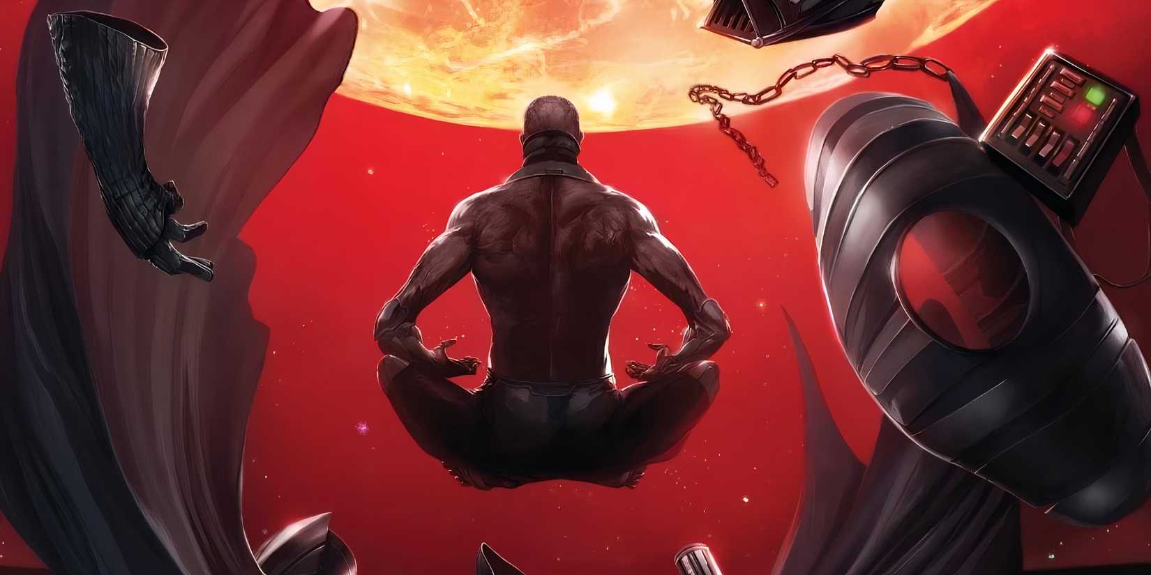 Darth Vader meditates without armor under a red moon