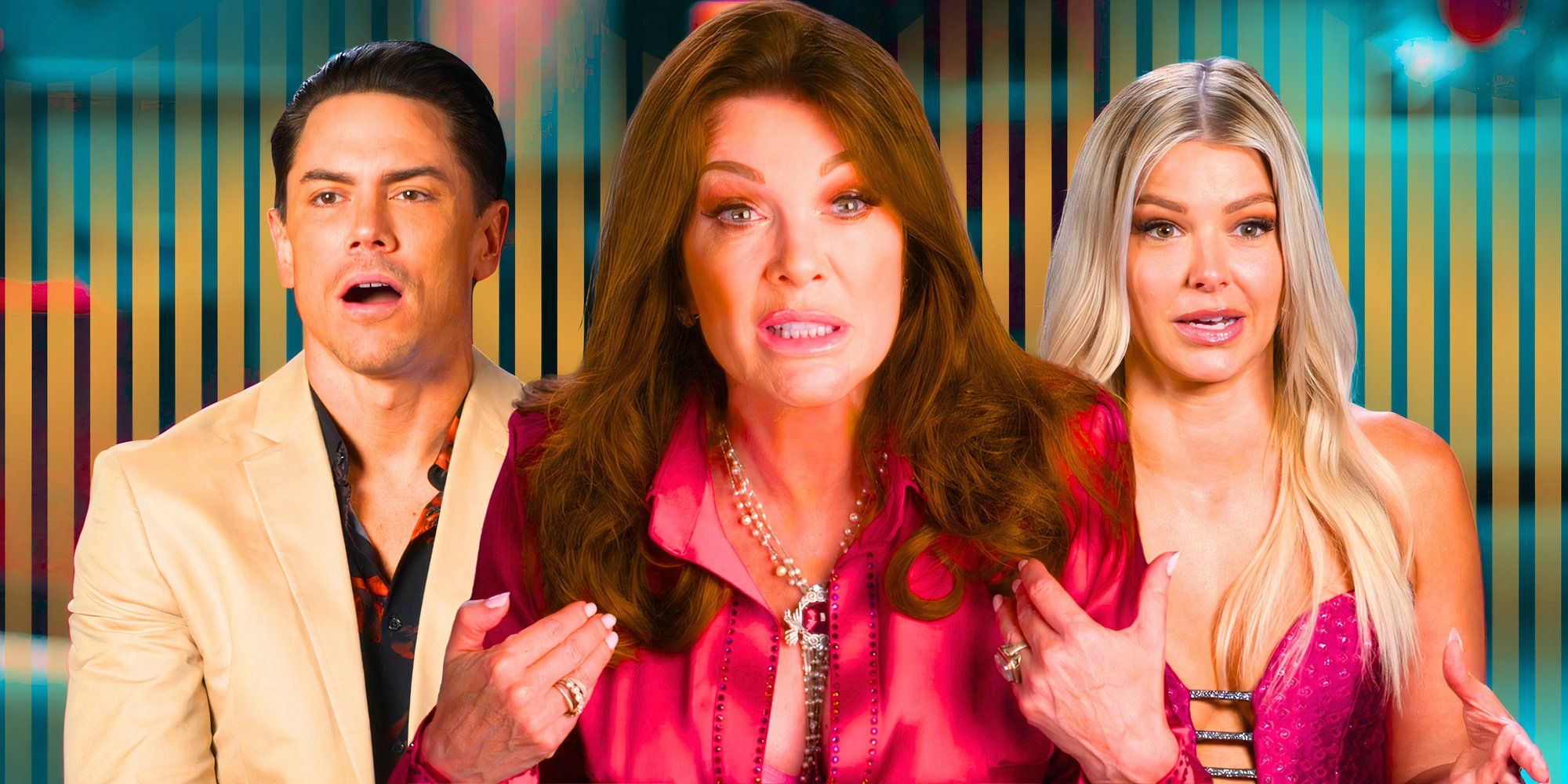 vanderpump rules stars tom sandoval lisa vanderpump and ariana grande with montage with gold striped background