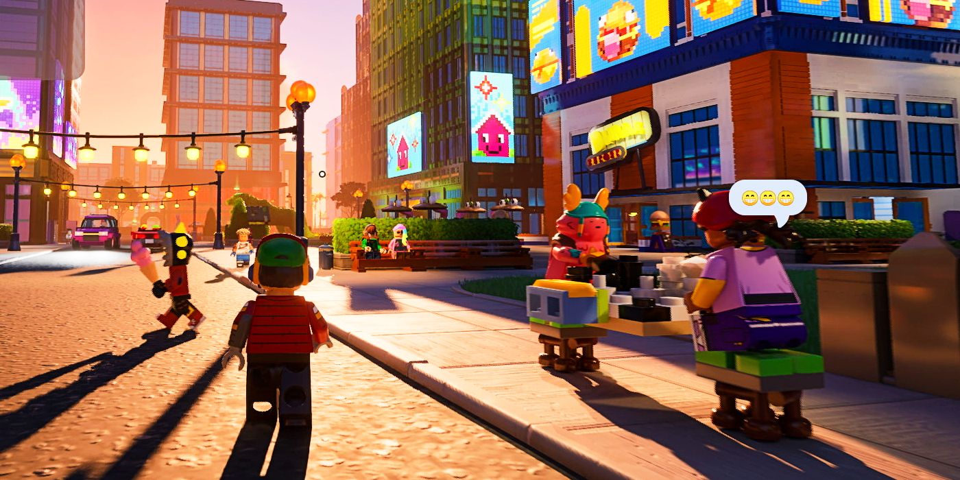 Various LEGO player characters exploring a large metropolitan city in a screenshot from Brick Life.