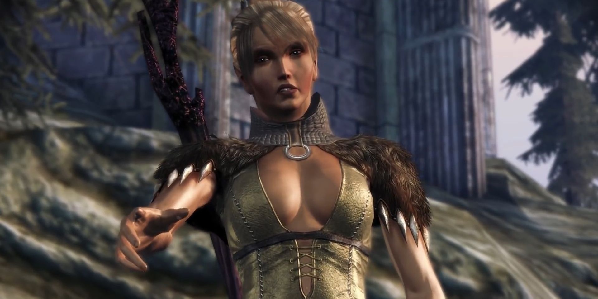 Velanna angrily speaks with the player in Dragon Age: Origins DLC Awakenings.