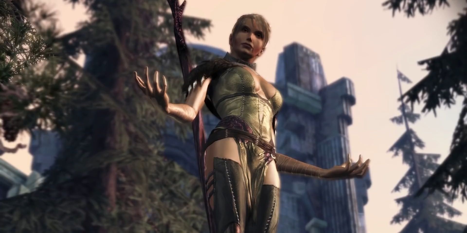 Velanna preparing to cast a spell in Dragon Age: Origins DLC Awakenings.