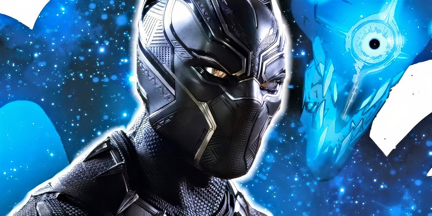 MCU's Black Panther with the swirling cosmos drenched in blue light behind him.