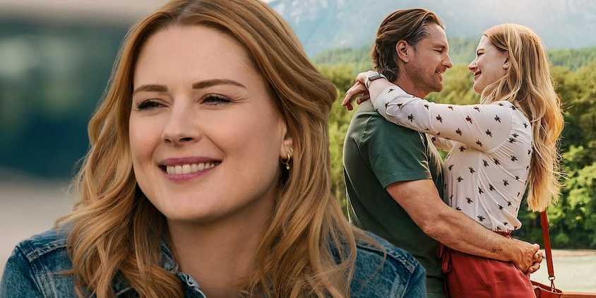 A composite image of Mel smiling in front of Mel and Jack embracing in Virgin River