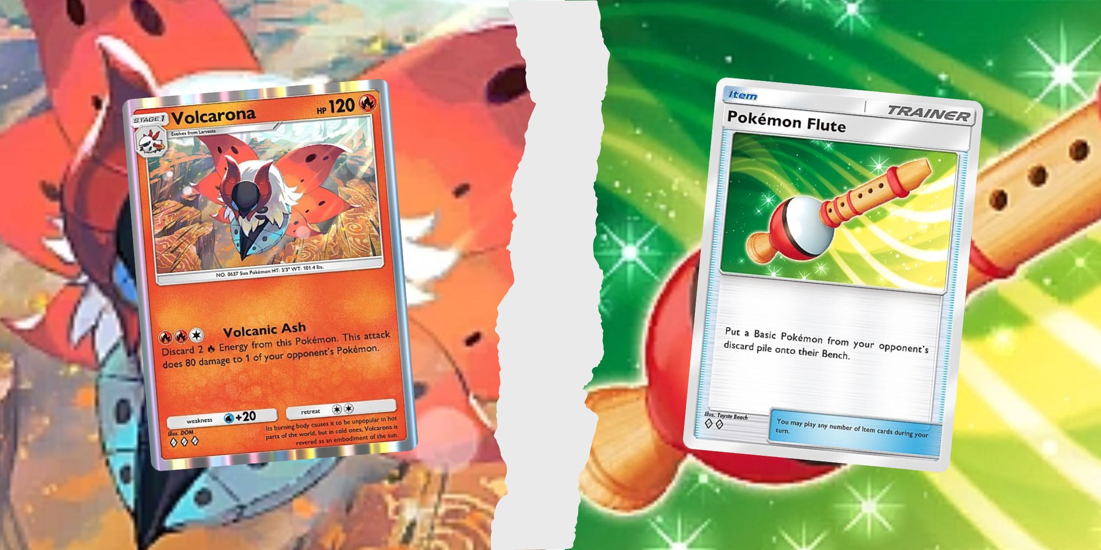 Volcarona and Pokémon Flute in Pokémon TCG Pocket split by a rip in the page.