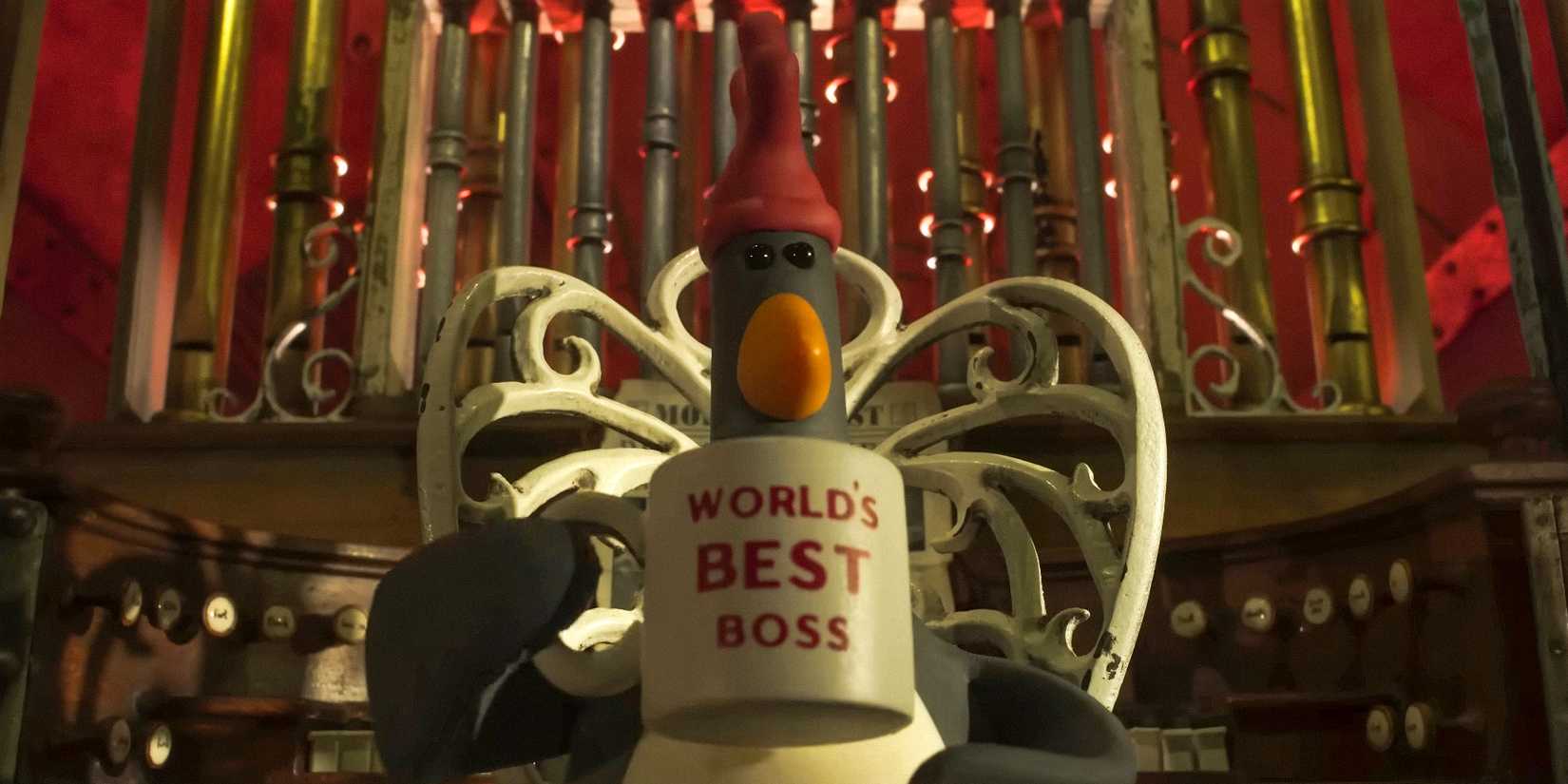 Feathers McGraw drinking from his "World's Best Boss" mug in Wallace & Gromit: Vengeance Most Fowl
