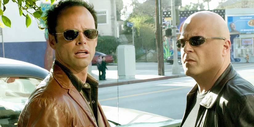 Walton Goggins as Shane Vendrell and Michael Chiklis as Vic Mackey wearing sunglasses in The Shield