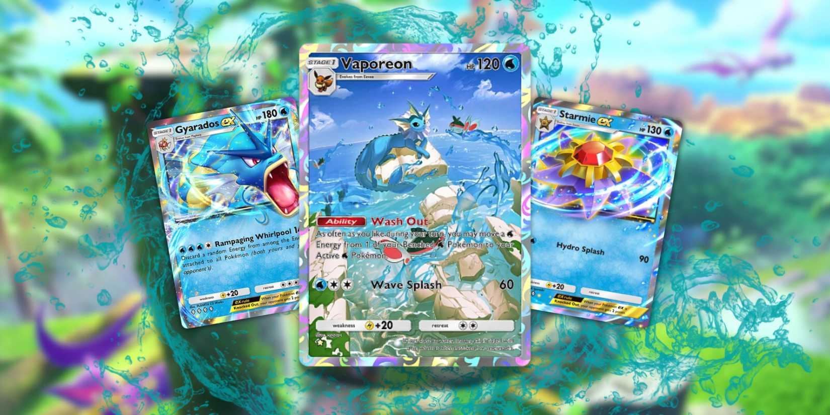 Water Type Cards, such as Gyarados ex, Starmie ex, and Vapereon in Pokémon TCG Pocket, with a water effect.