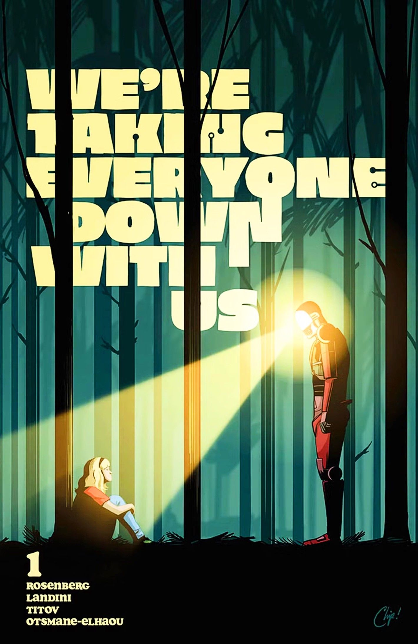 Portada de We Take Every Down With Us con una niña bajo un rayo de luz de un robot. 