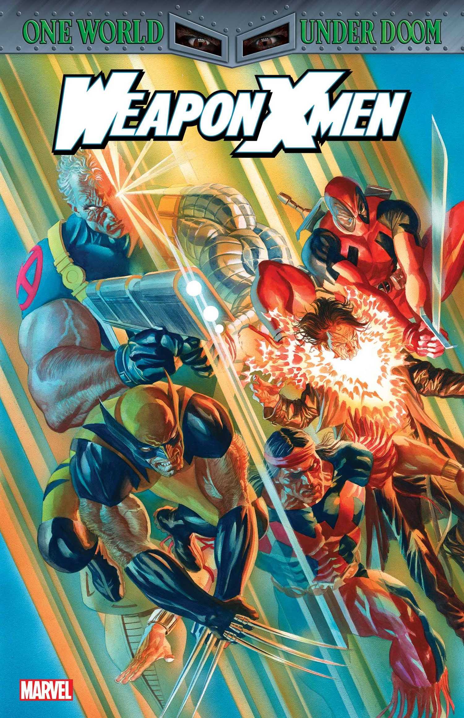 Comic book cover: a group of X-Men, including Wolverine, leaps down.