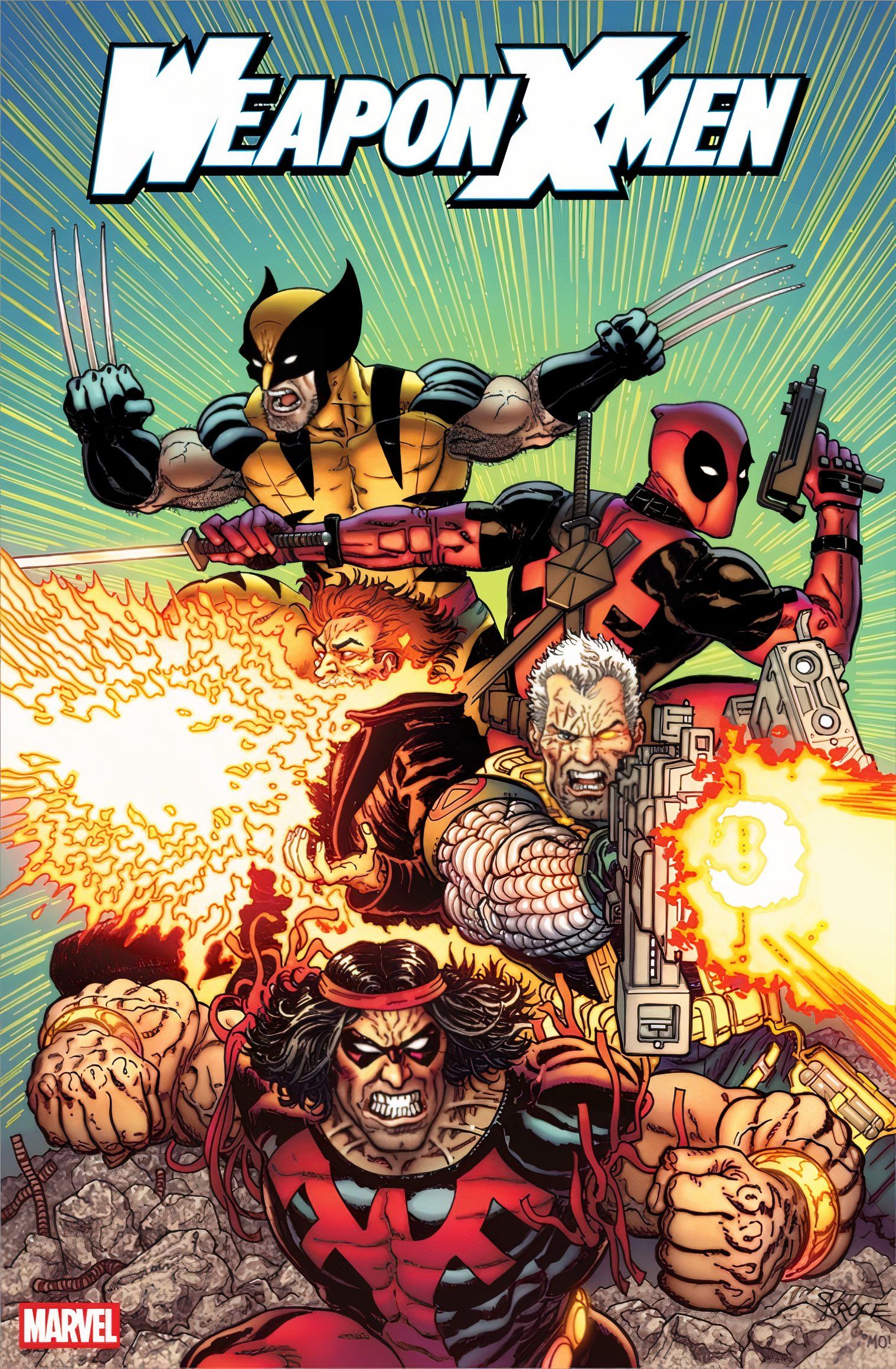 Comic book cover: A team of X-Men including Wolverine and Deadpool in action.