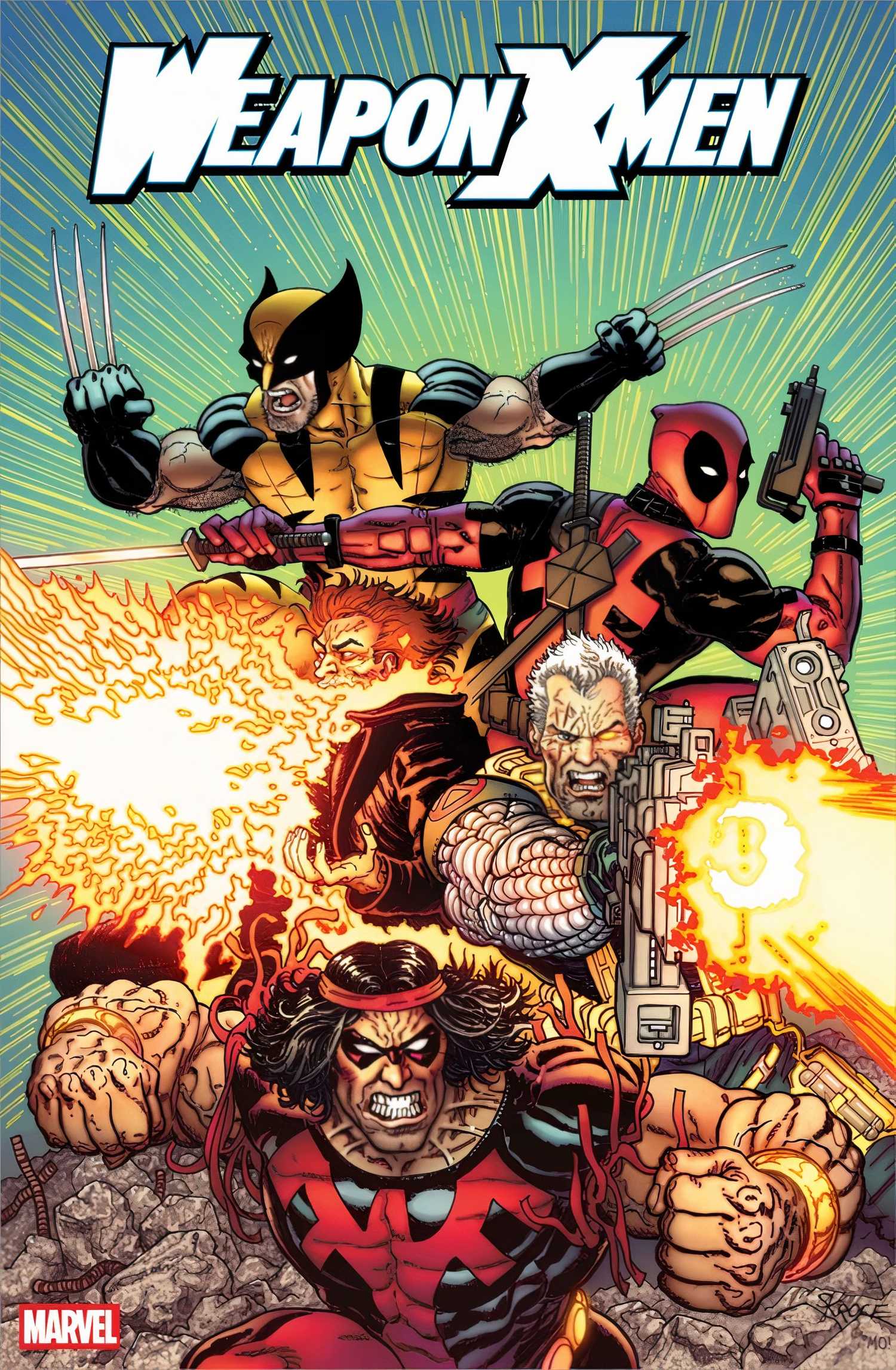 Comic book cover: a team of X-Men including Wolverine and Deadpool in action.