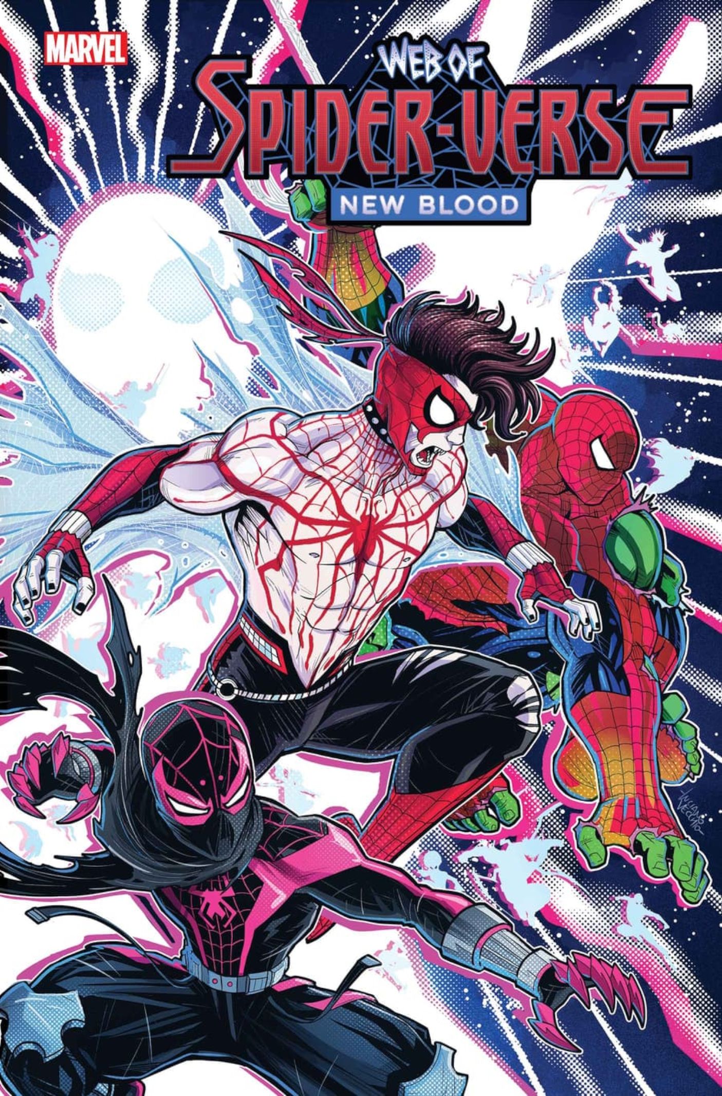 Comic book cover: Three variants of Spider-Man from the Spider-Verse leap across a cosmic landscape.