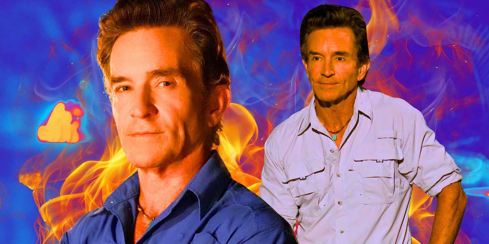 Survivor 47 montage of Host Jeff Probst with fire behind him