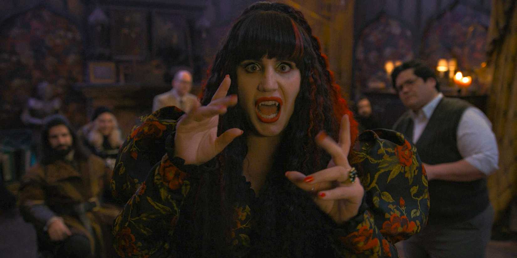 Nadja (Natasia Demetriou) trying to hypnotize everyone in What We Do in the Shadows Season 6 Ep 11