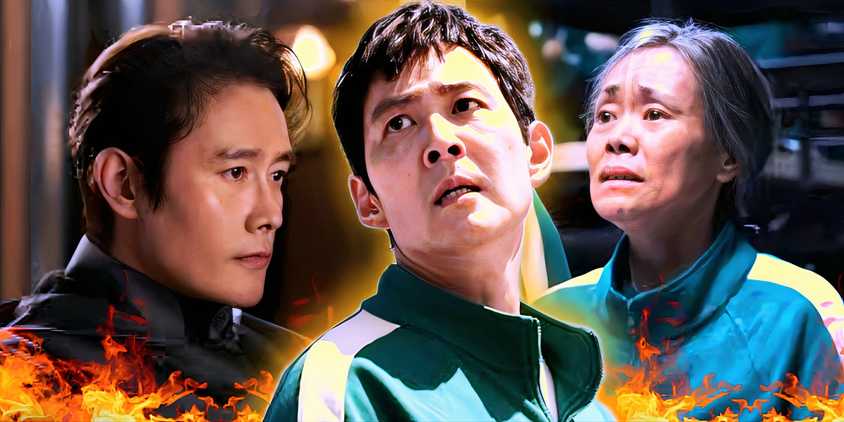 Lee Byung-hun as the Front Man, Lee Jung-jae as Gi-hun, and Kang Ae-shim as Geun-ja in Squid Game season 2