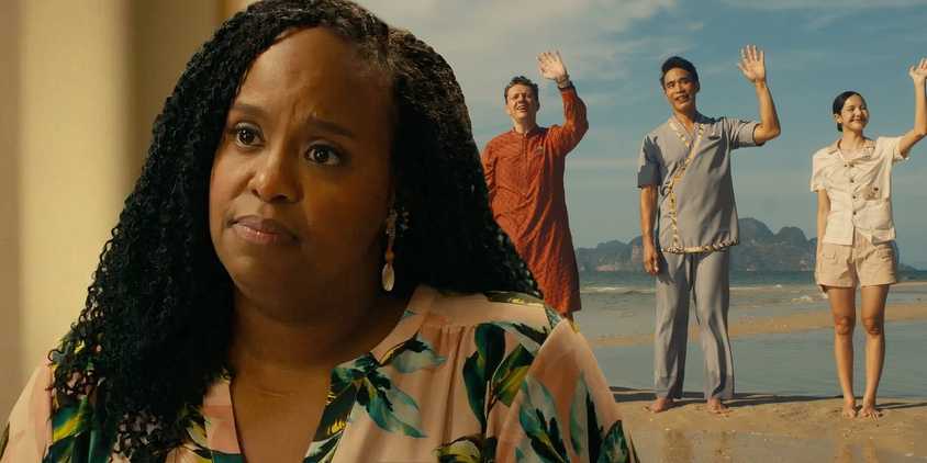 A composite image of Natasha Rothwell looking sad in front of people waving on a beach in The White Lotus