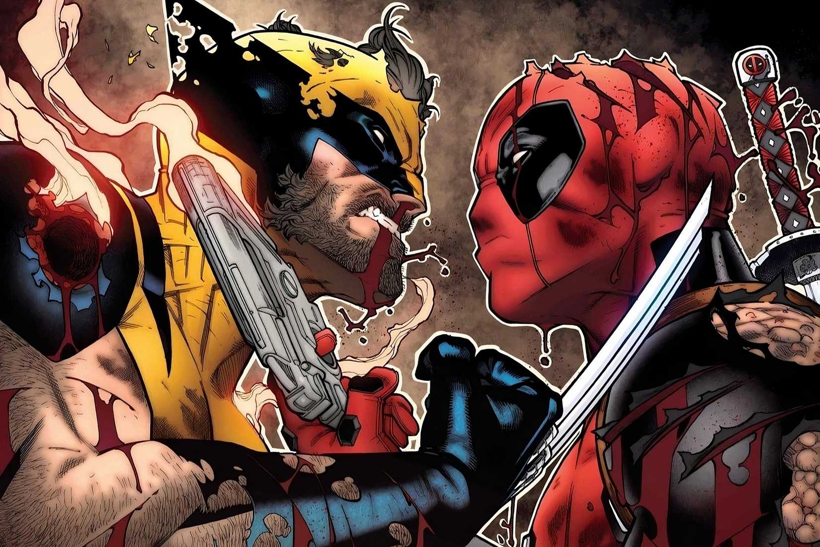 Comic book art: Wolverine and Deadpool try to kill each other.