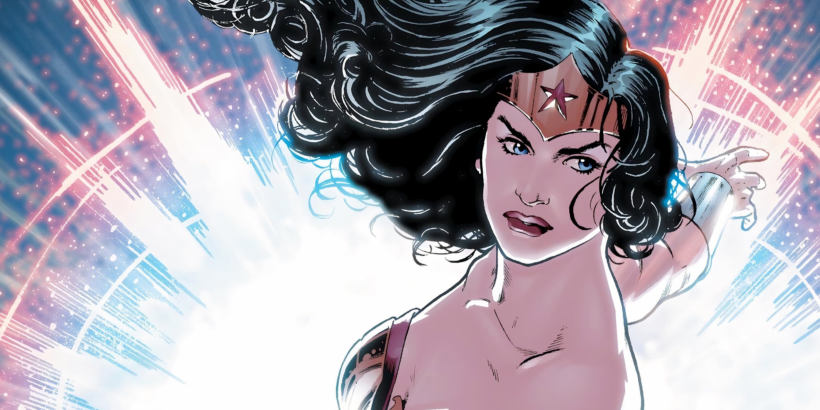 Comic book art: Wonder Woman in front of a glowing portal.