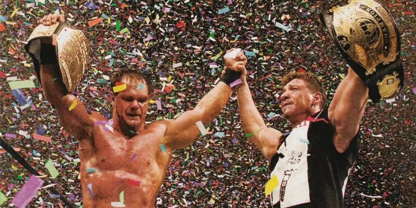 World Heavyweight Champion Chris Benoit and WWE Champion Eddie Guerrero celebrate to end WrestleMania 20