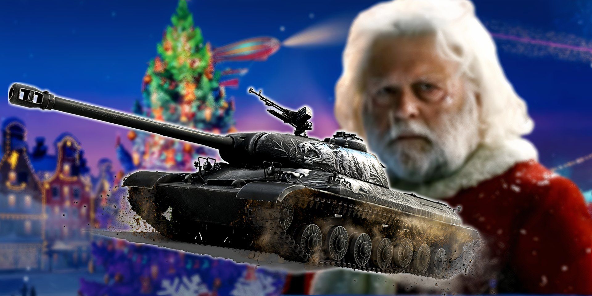World of Tanks Christmas special tank with a christmas tree and Santa behind it