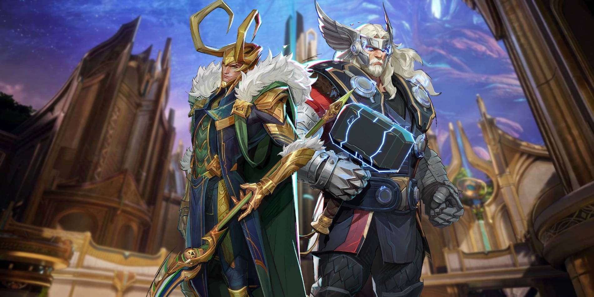 Marvel Rivals Characters Thor and Loki on the Yggdrasil Asgard map