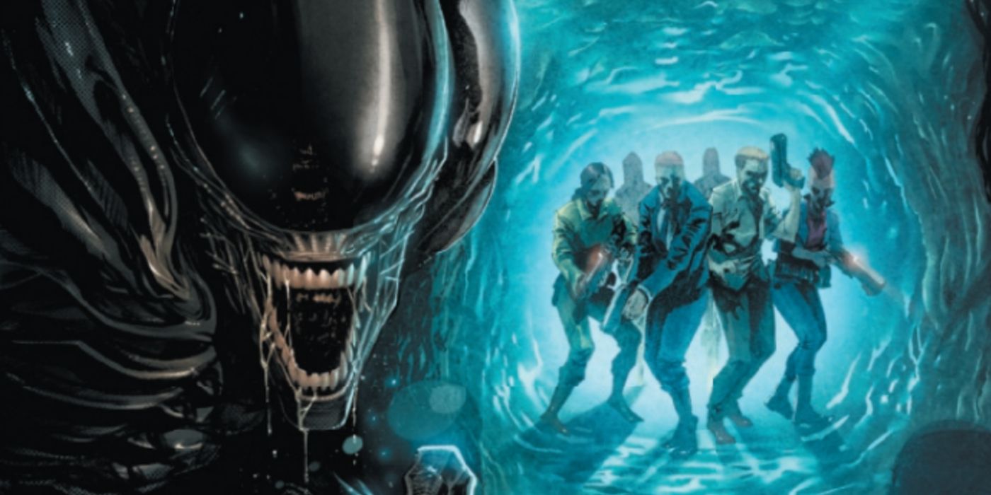 The Xenomorph Standing Near a Group of Survivors in a Tunnel