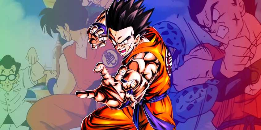 Yamcha in a fighting stance, preparing to fight an opponent. Behind him, two of his battles can be seen. 
