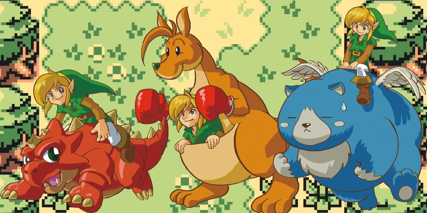 Vaizdai, kaip Link joja Dimitri Dodongo, Ricky the Kengaroo ir Moosh the Bear iš The Legend of Zelda: Oracle of Ages ir Oracle of Seasons.