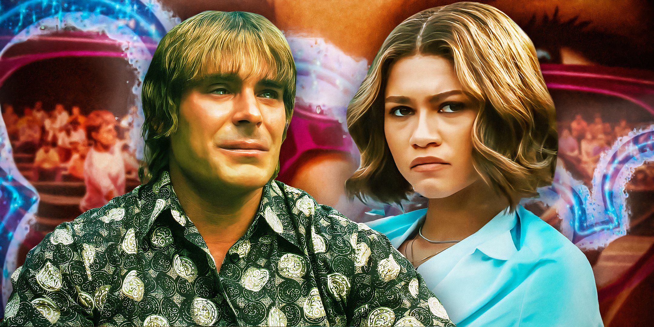 A photo of Zac Efron's The Iron Claw character and Zendaya's Challengers character are edited onto some Disney Channel imagery.