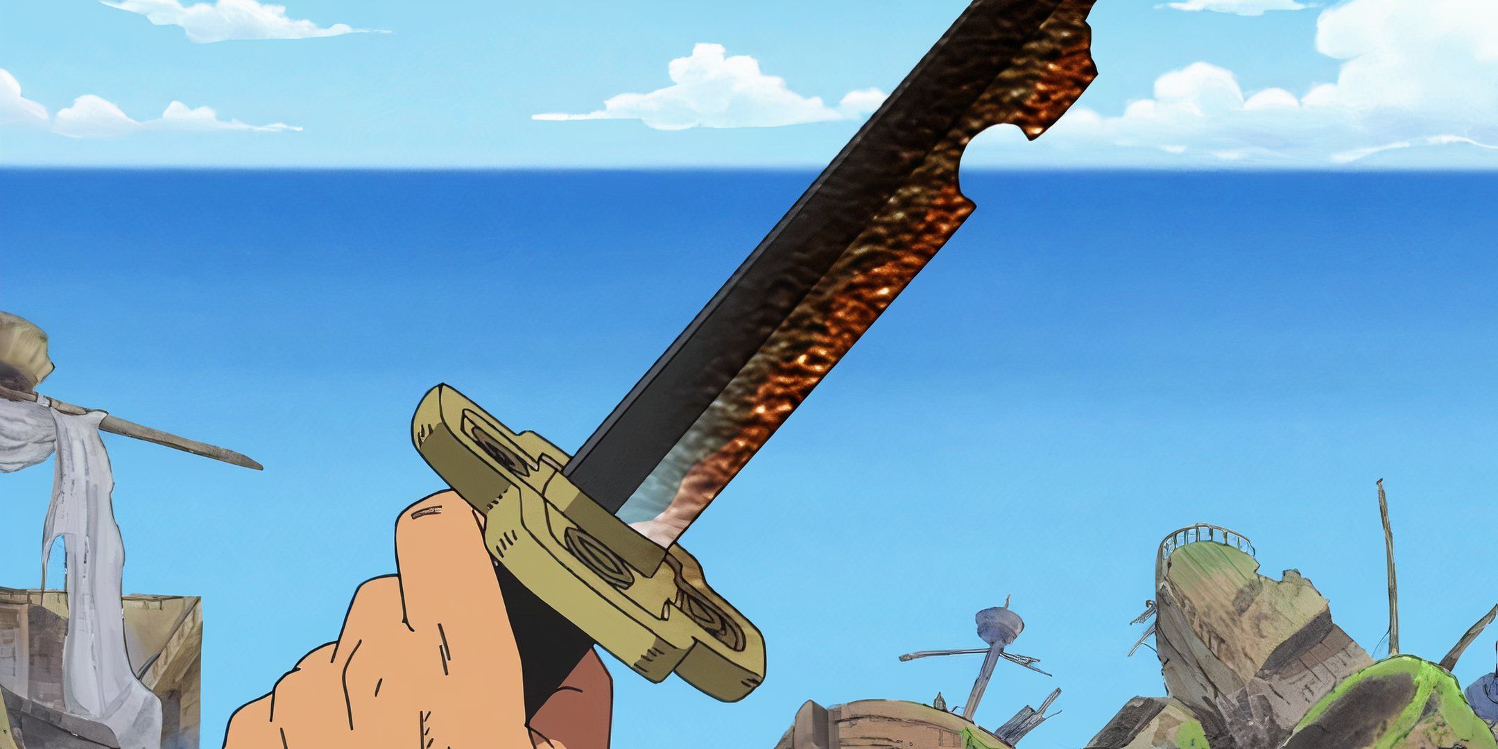 Zoro segurando um yubashiri enferrujado e quebrado inteiro