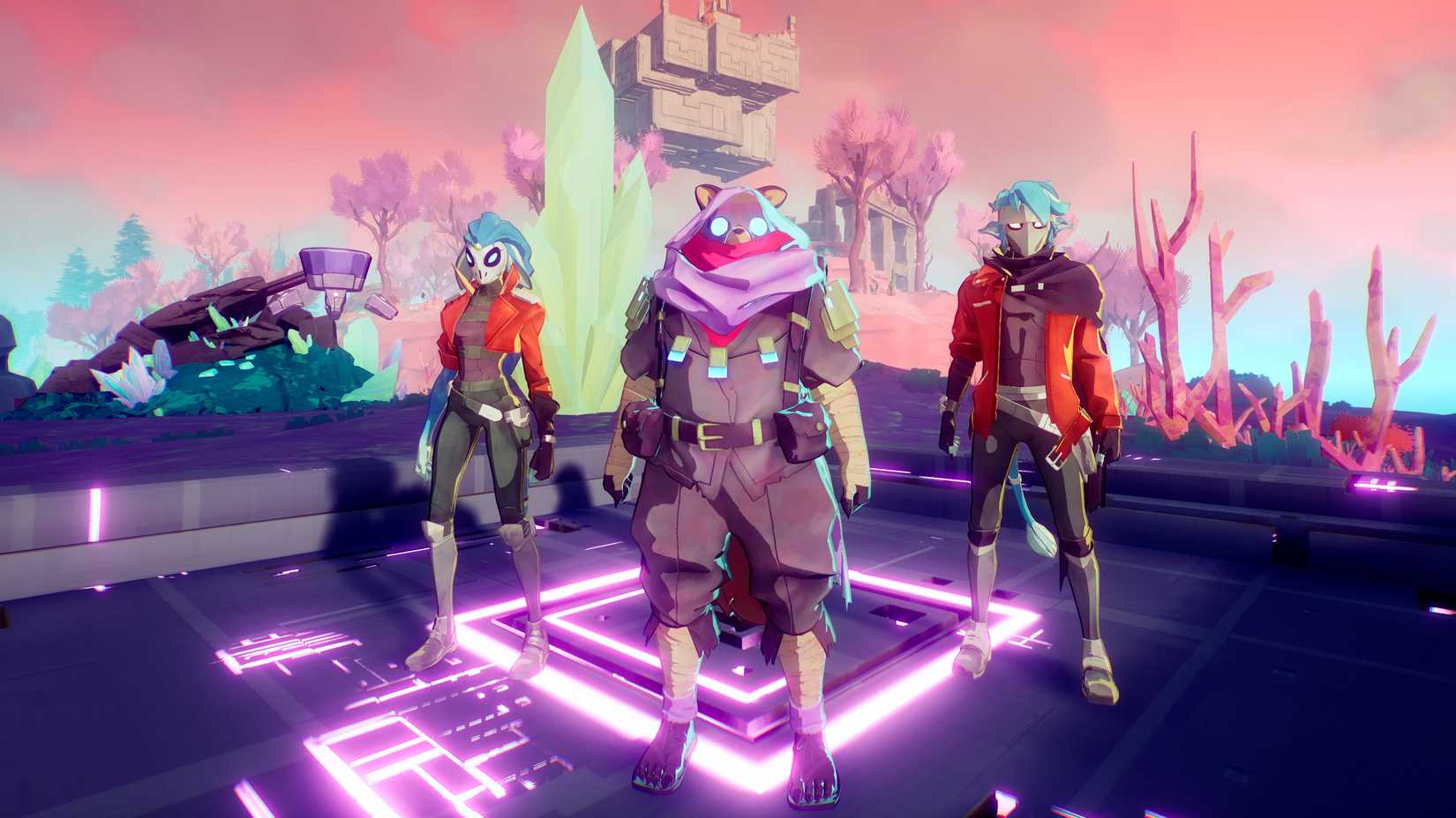Lapis, Goro, and Vermillion in Hyper Light Breaker, standing on a glowing purple platform.
